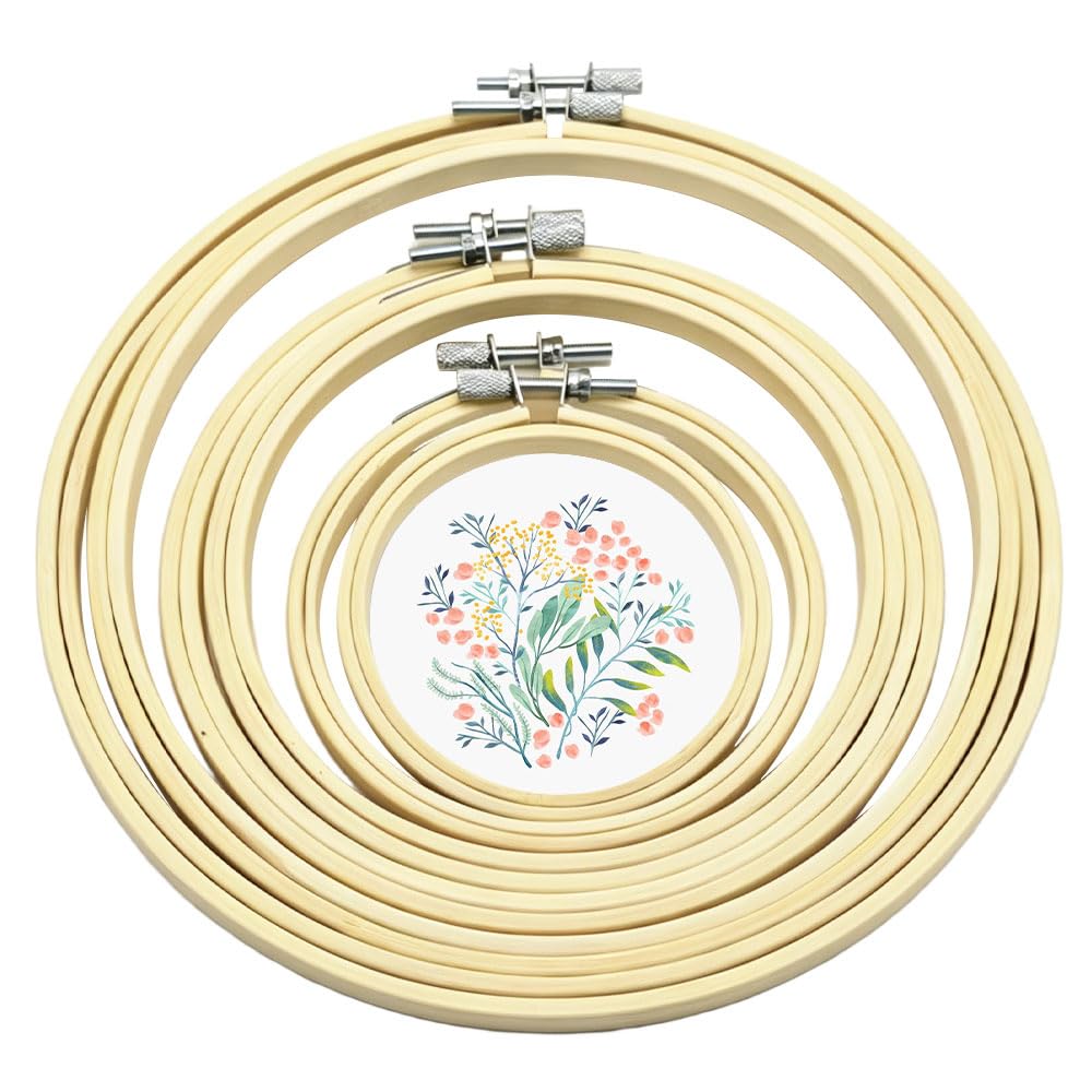 Vmoomax Round Bamboo Embroidery Hoop, 6 Pcs 6 Sizes 6-20cm Adjustable Sewing Hoop Circle Frame Rings, Circle Cross Stitch Hoop Ring for Needlework, Craft Sewing, DIY Art