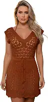 Saida de Praia Crochê Vestido Curta Tricot Rendado Cinturada Manga Curta Elegante Saida de Banho Piscina Canga Verão
