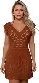 Saida de Praia Crochê Vestido Curta Tricot Rendado Cinturada Manga Curta Elegante Saida de Banho Piscina Canga Verão