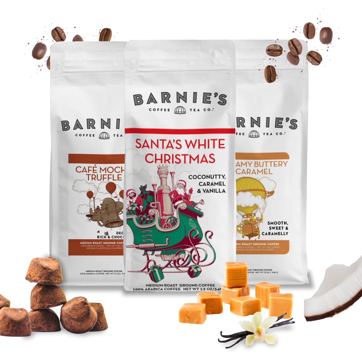 Barnie's Premium Flavor Coffee Trio with Santa's White Christmas, Creamy Buttery Caramel and Café Mocha Truffle, Medium Roasted Arabica Beans, 12 oz Bag (Pack of 3)