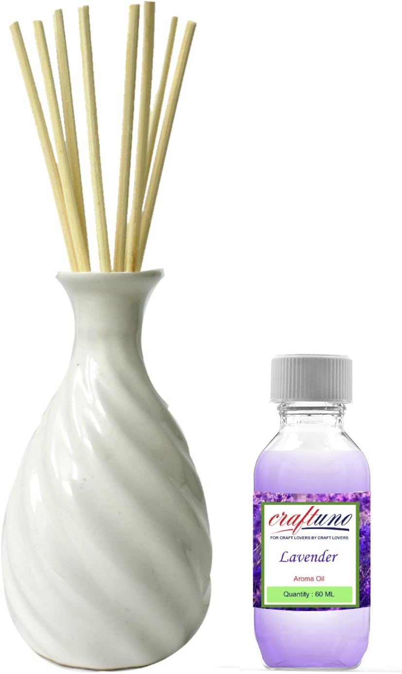 Varmohey Royal Handicrafts Handcrafted Premium Ceramic Pot Reed Diffuser - Ethnic Spiral Design White Gloss Finish - Free Lavender Aroma Oil 60 Ml & 8 Reed Sticks (8 Inches)