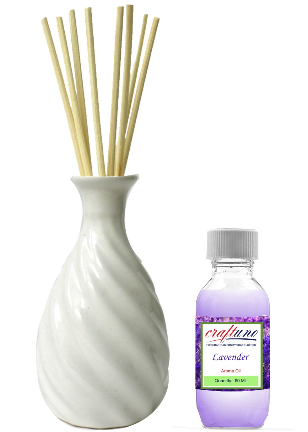 Diffuseur de parfum céramique blanc bâtonnets rotin et huile essentielle lavande 60ml