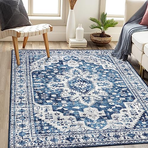 Moynesa Ultra-Thin Vintage 8x10 Area Rugs - Blue Bedroom Rugs for Living Room Non-Slip Stain Resistant, Printed Oriental Playroom Mat Indoor Floor Carpet for Dining Table Office Decor
