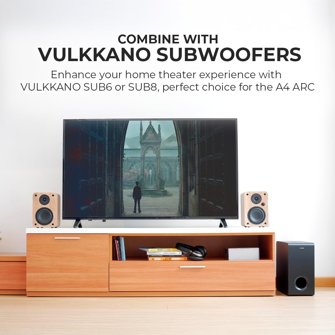 VULKKANO A4 Arc Enceintes Monitoring Active avec Woofer 4", Bluetooth 5.0, HDMI Arc, Optique, RCA, USB, Sortie Subwoofer, Haut Parleur de PC au Design Élégant, Couleur Noire