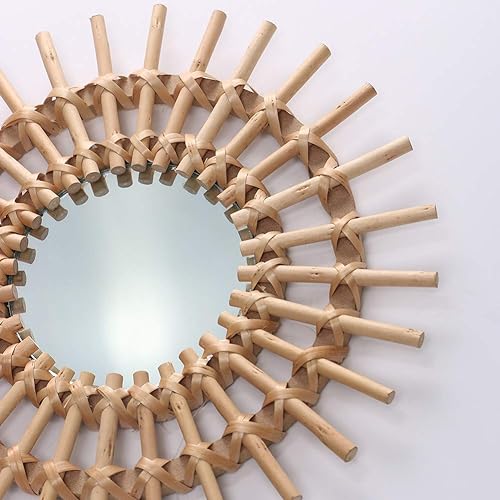 Miniatura 6 de OYPEIP Decoración de cristal colgante de ratán natural pequeño de 12 pulgadas, diseño rústico hecho a mano, innovador espejo de maquillaje redondo
