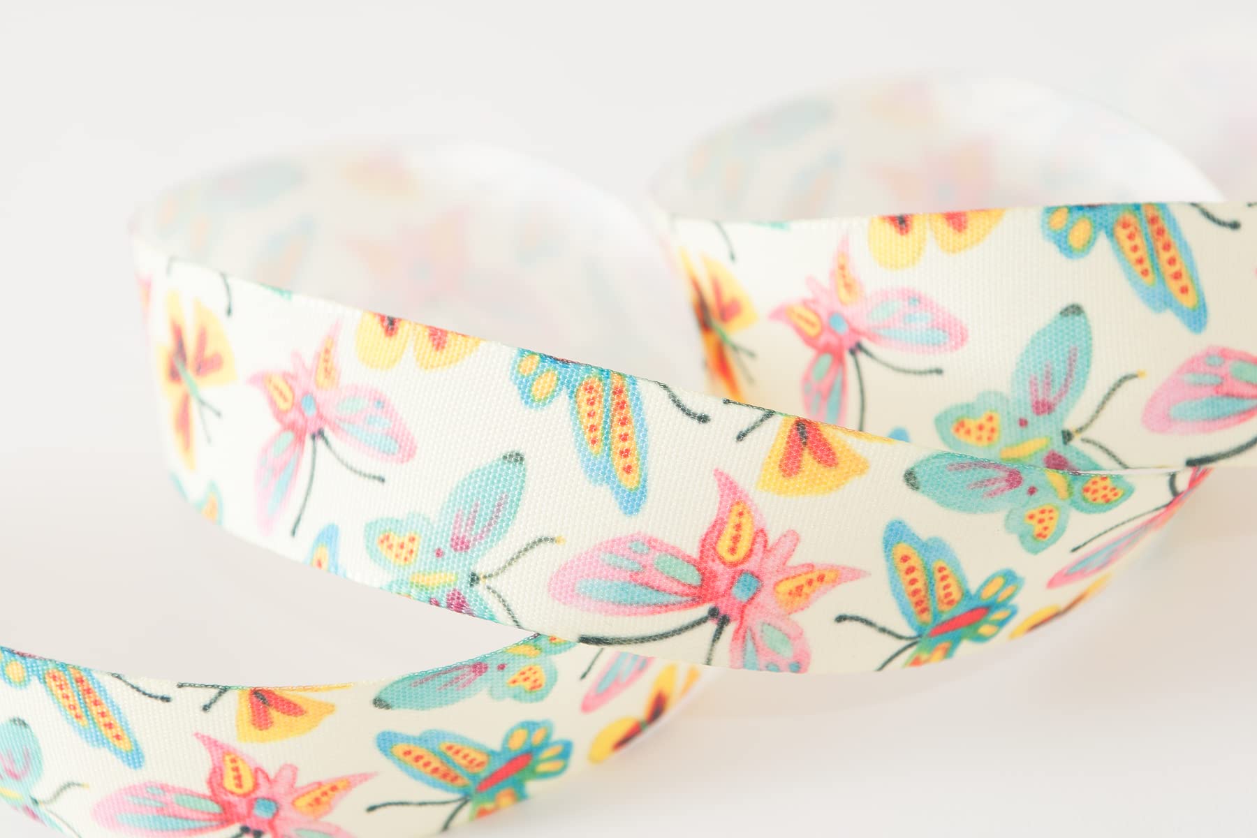 Berisfords Taffeta Spring Patterned Ribbon ‘Butterfly Sky’ Multicolour on Yellow 25mm Wide 25m Reel, Yellow/Multi, 25mm x 25m - Image 4