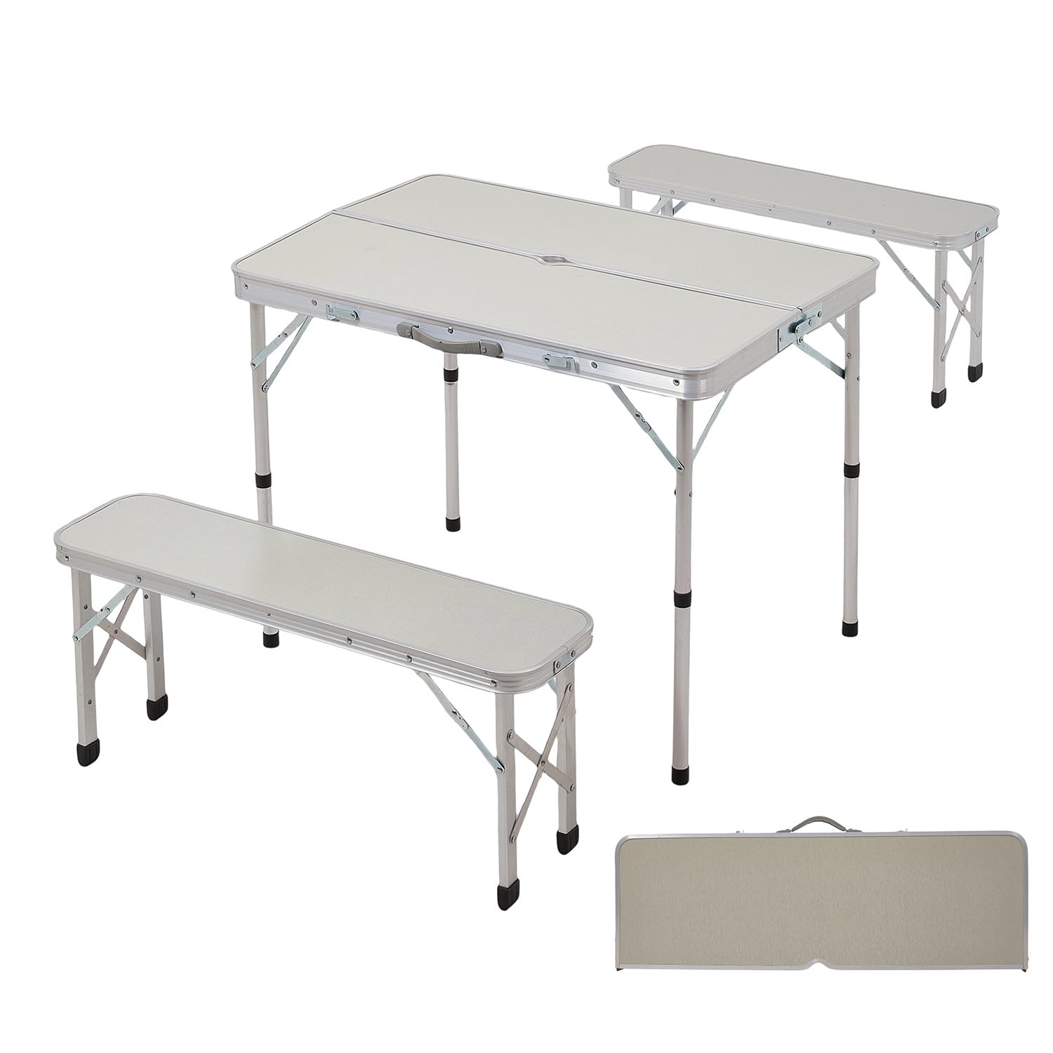 Warmiehomy Camping Table and Chairs Folding Picnic Table and Bench Set Aluminium Portable Tables with Parasol Hole 2 Chair Stool for Picnic Camping BBQ, Beige