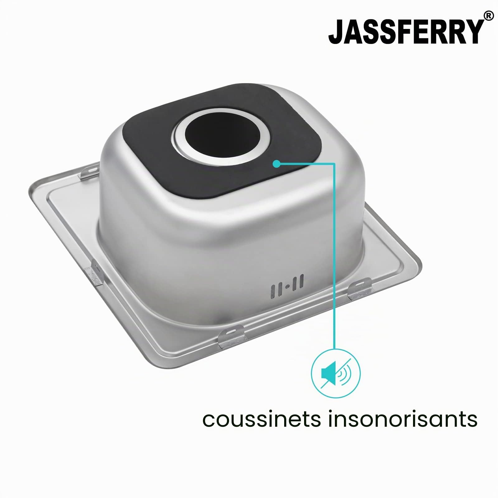JASSFERRY Évier de cuisine encastrable en acier inoxydable 1 bac 380 x 380 mm