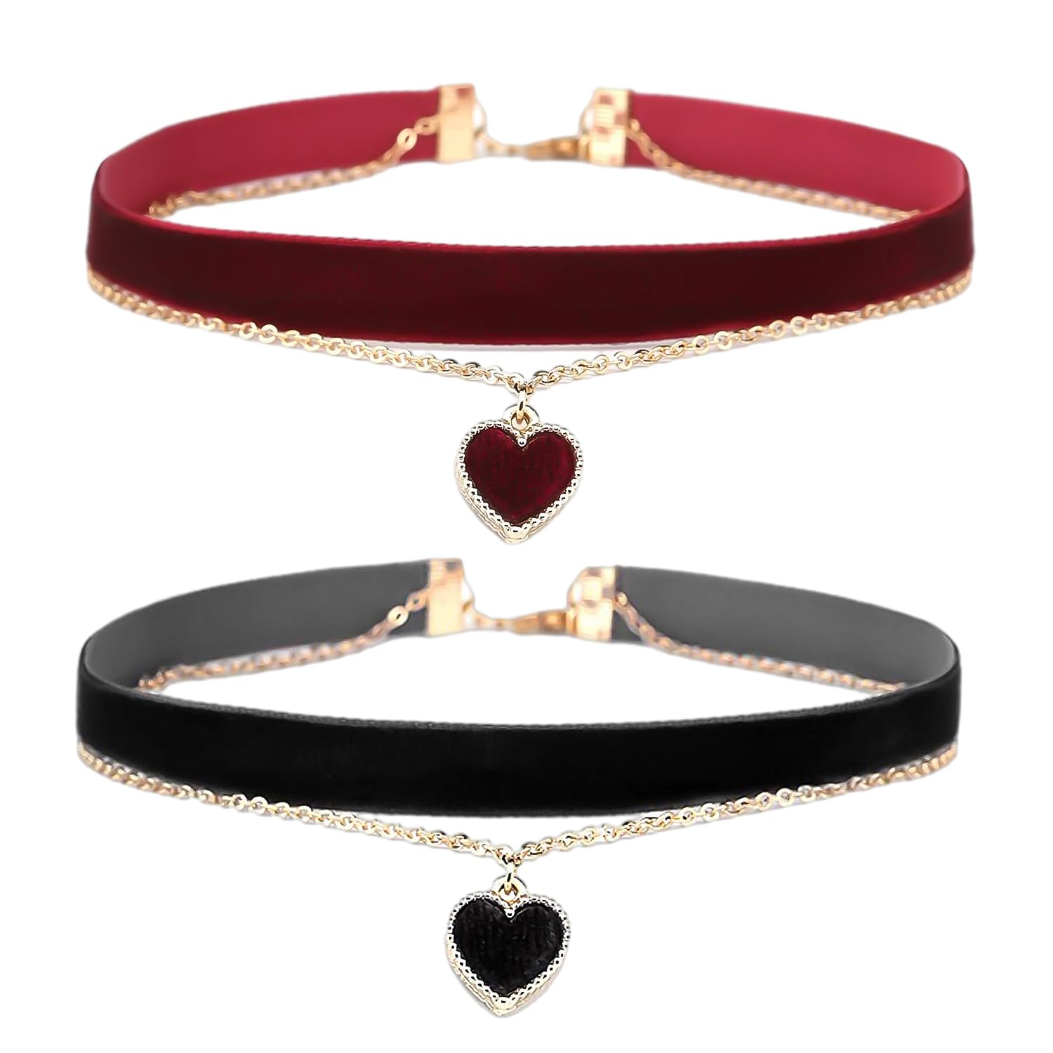 2 Piece Necklaces, Gothic Choker, Heart Shaped Adjustable Necklace for Women, Velvet Hoop Metal Retro Necklace for Women, Rock Style Choker Necklace Neckpiece (Black, Red)