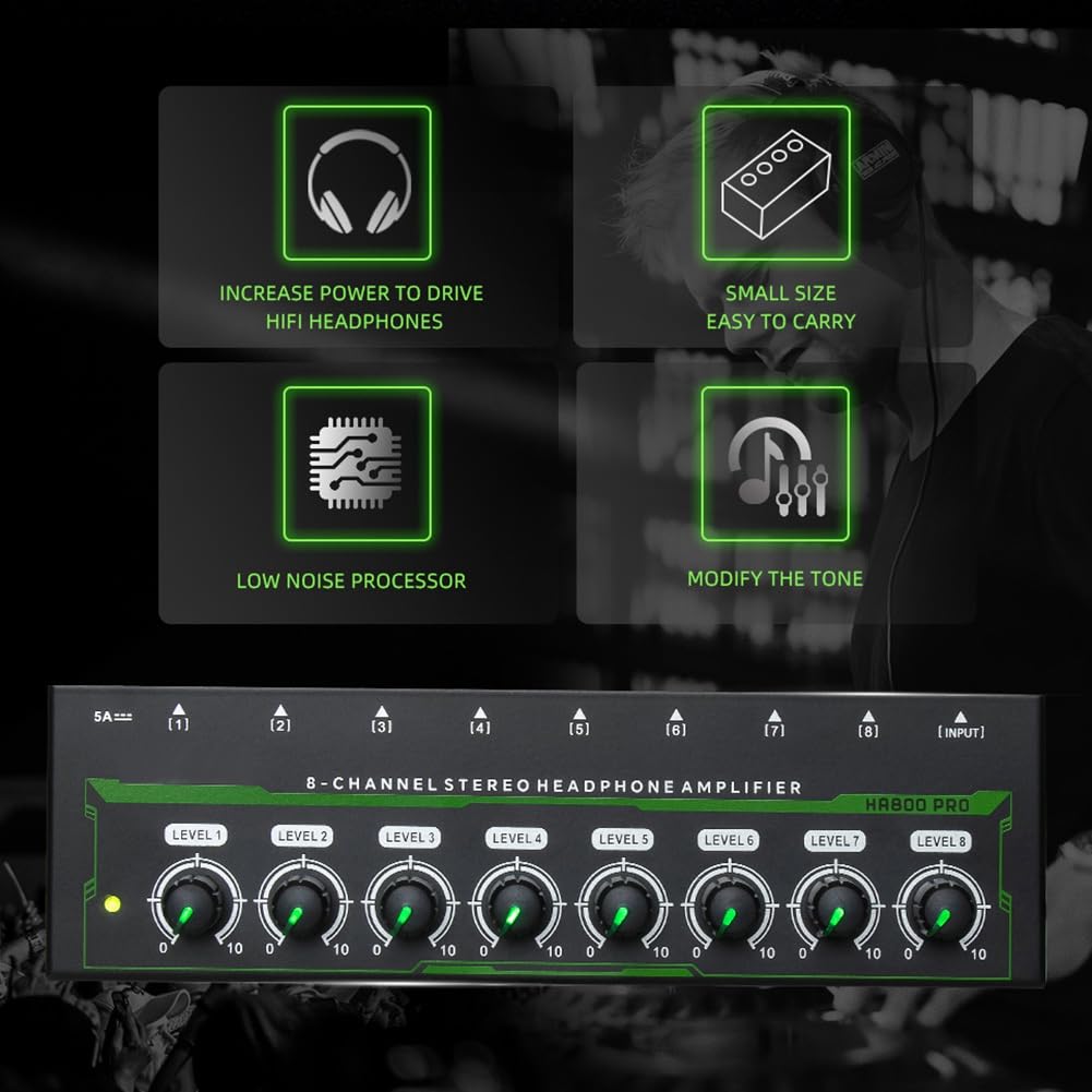 HA800 Pro 8 Canali Amplificatore per Cuffie Stereo RGB per Mixer Musicale Registrazione
