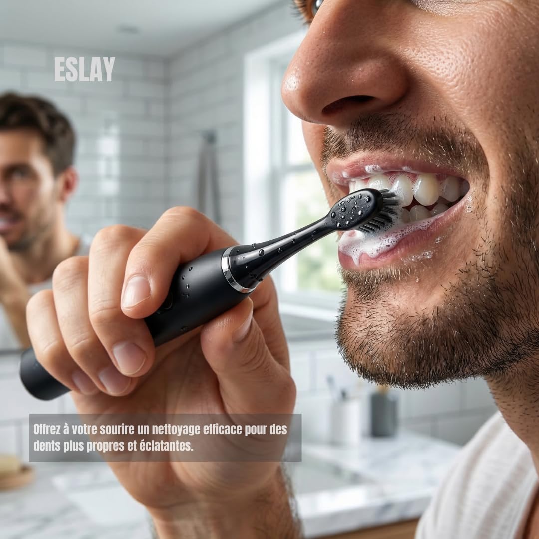 ESLAY Spazzolino da denti elettrico sonico adulto – 38000 VPM, 9 modalità, setole di bambù, ricarica wireless, impermeabile IPX8, OLED, 90 J Autonomia, custodia da viaggio, garanzia 1 anno, design