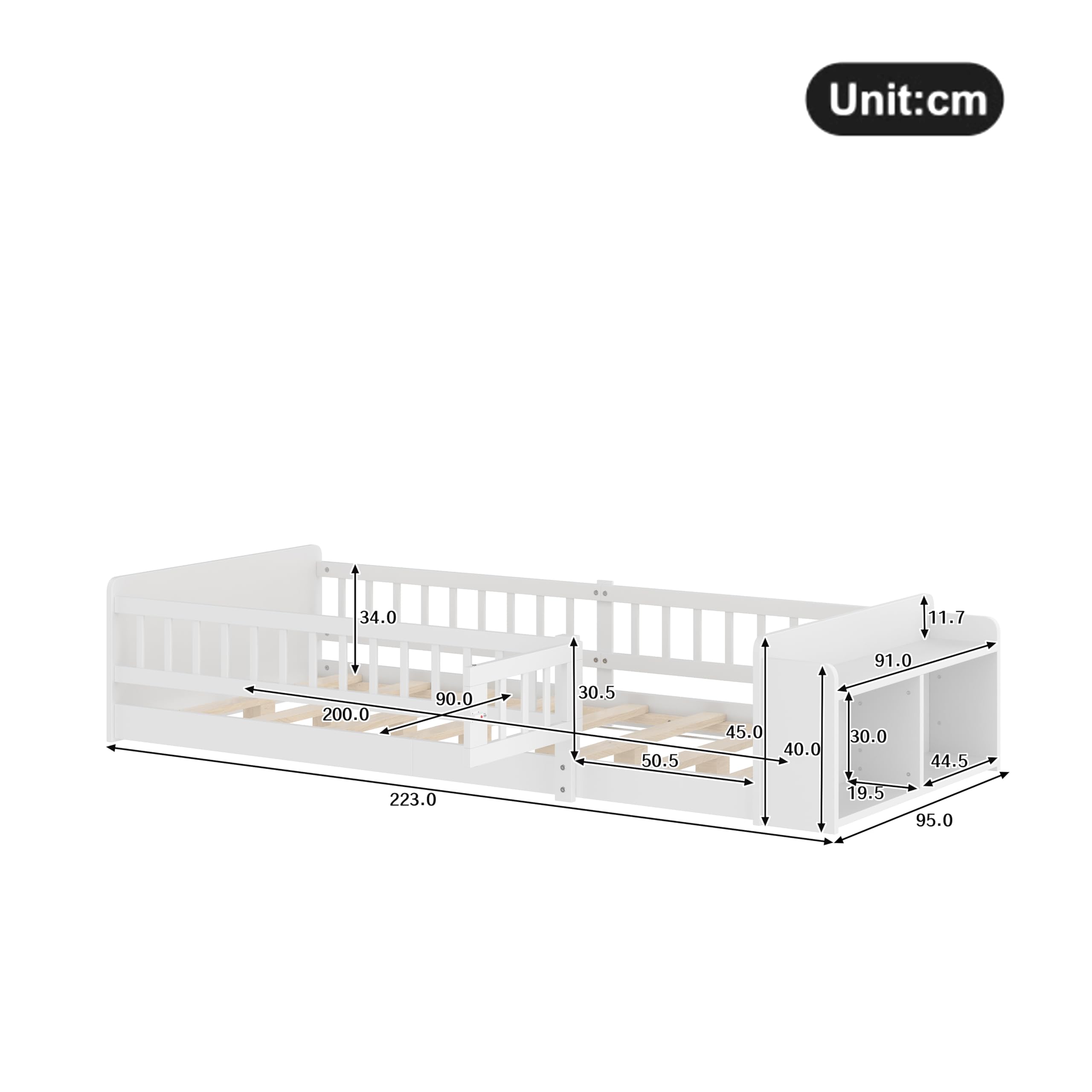 Kinderbett 90 x 200, Kinderbettgestell aus Massivholz mit Stauraum, Vollschutzgitter und Türen und Lattenrost, Holzbett mit Einlegeböden, Rausfallschutz, Kinder Bett, Hausbett, Ohne Matratze, Weiß