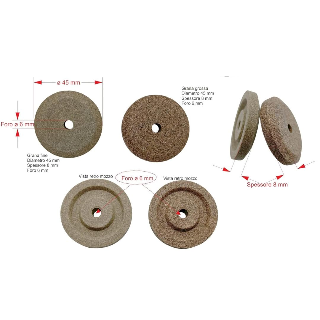 Par de esmeriles (Nº 2) - Grano fino y grano grueso - Afilador afilador de hoja para rebanadora compatible con RGV, FAC, MISTRO, SIRMAN, CASADIO y otros. Medidas ø 45 - h 8 - agujero 6 mm.