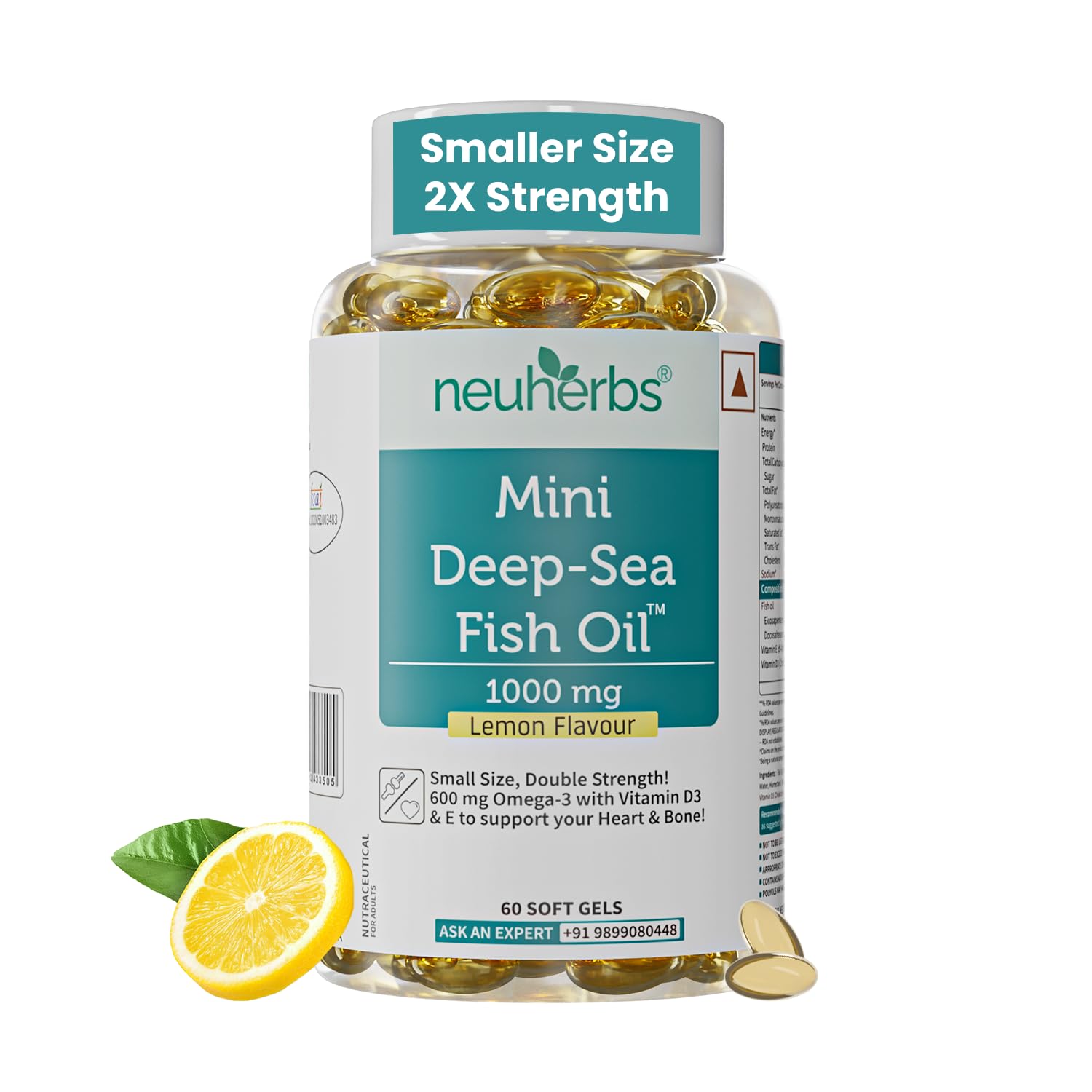 Neuherbs Mini Deep Sea Omega 3 Fish Oil Capsules 1000mg Supplement | EPA - 360mg, DHA - 240mg | With Vitamin E & D3 | Suppots Heart, Brain, Muscle & Joint Health| Lemon Flavour - 60 Softgels