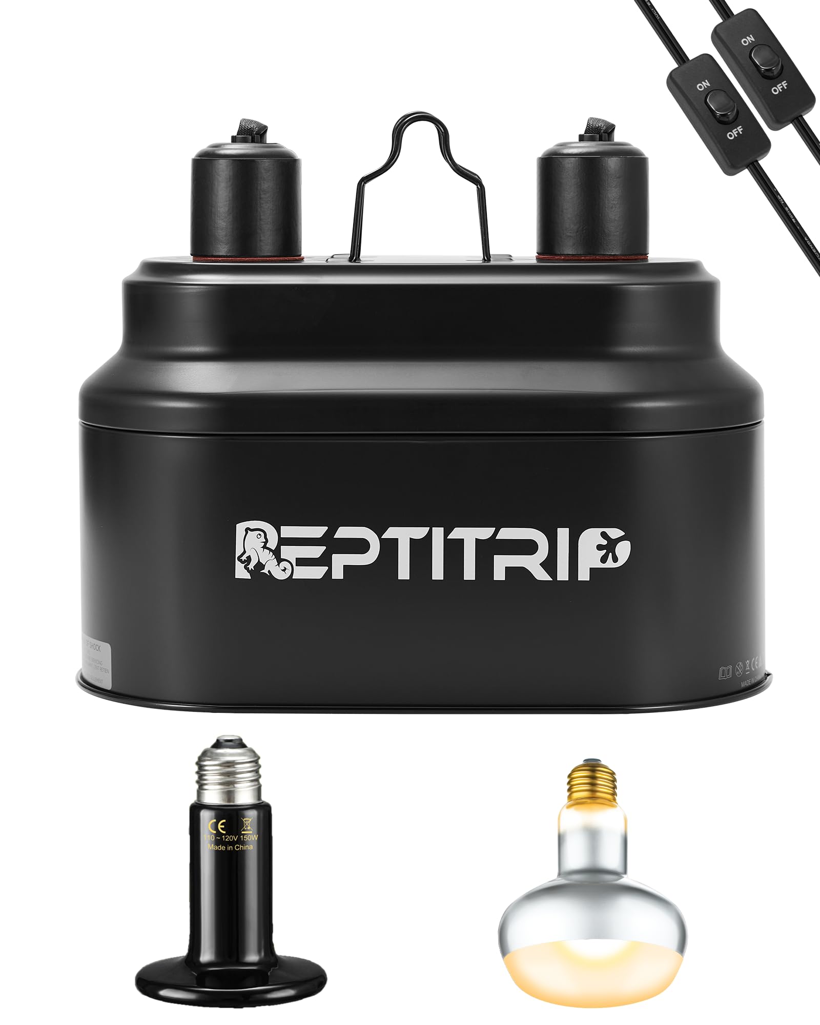 Dual Reptile Light Fixture with 100W Daytime Heat Bulb & 100W Nighttime Ceramic Heat Emitter, 2 Independent Switches, Reptile Heat Lamp Combo Pack - No UVB