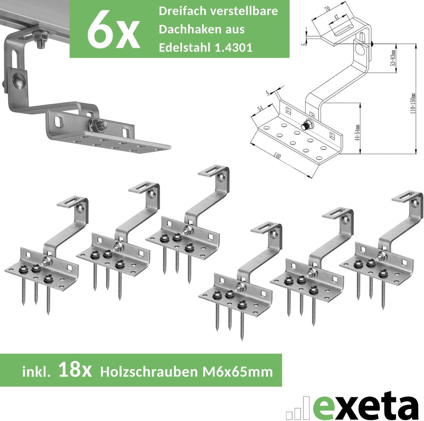 Solar Halterung Ziegeldach I Set für 2 PV Module 30-40mm I Solarmodul Halterung Balkonkraftwerk I Solarmodulbefestigungsset für Ziegeldächer aus Edelstahl 1.4301 I PV-Halterung Montageset