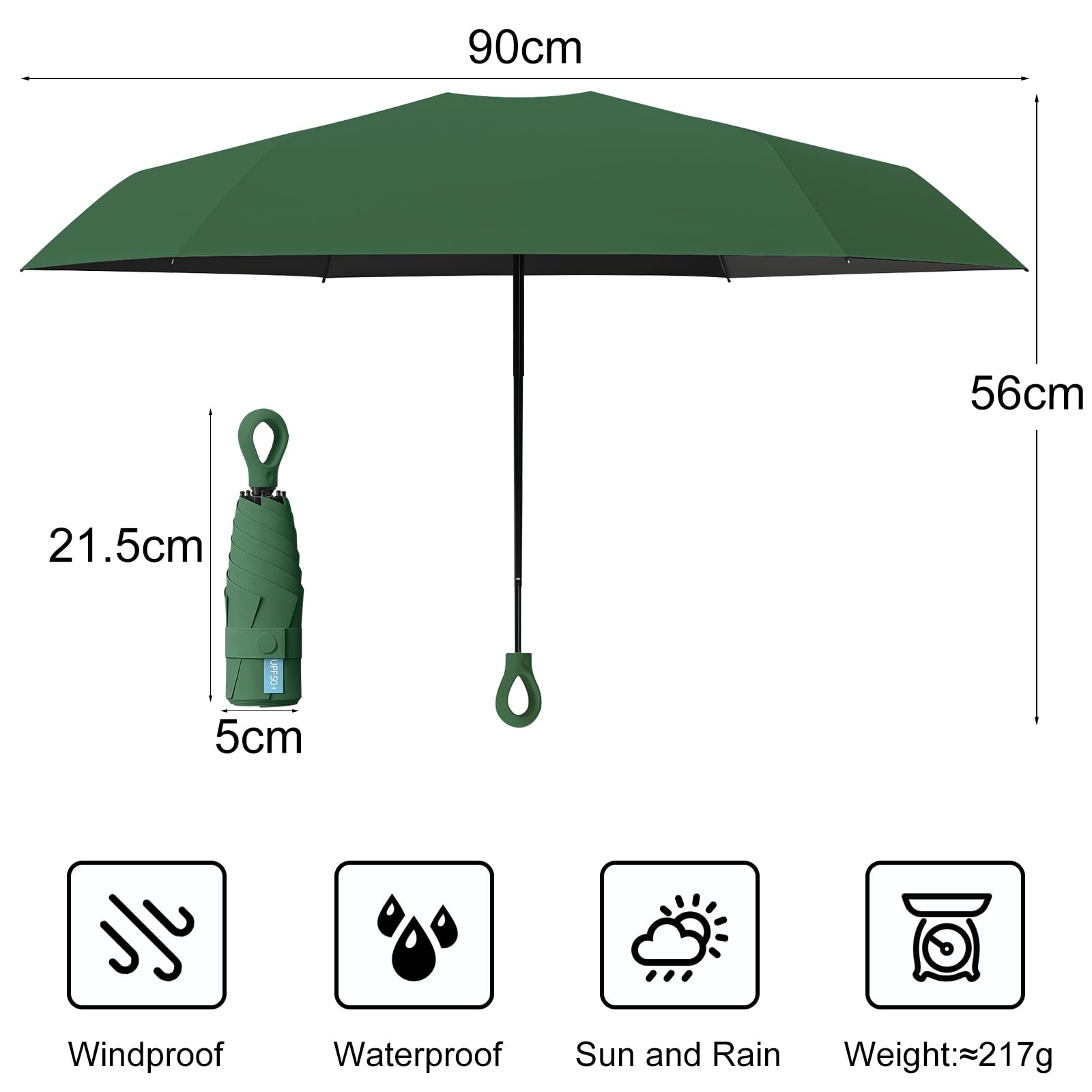 HCQC Ombrello Ultra Leggero Pieghevole Mini da Viaggio – Protezione UPF 50+, Impermeabile e Compatto – Ombrello Tascabile per Uomo e Donna con Custodia a Capsula