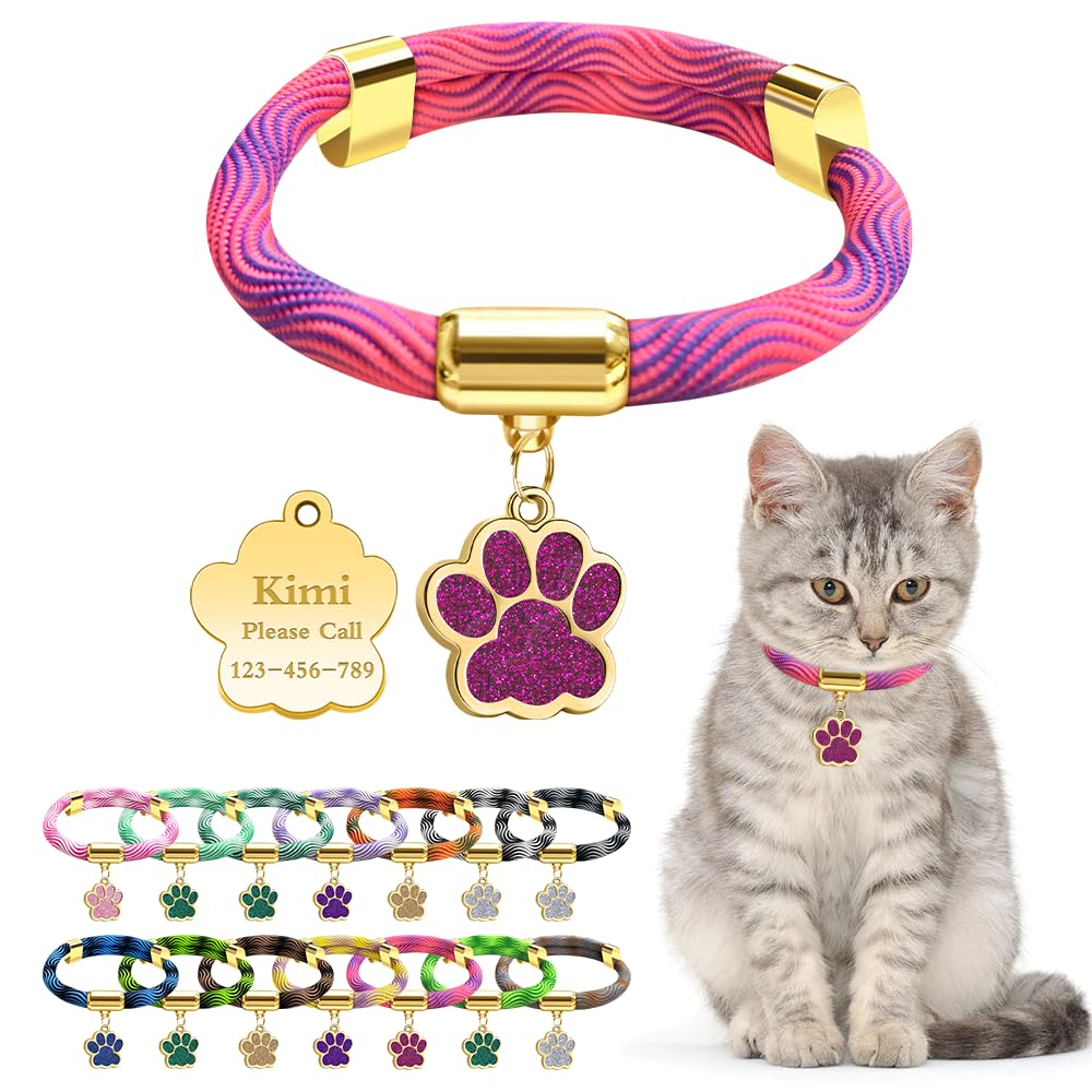 Personalized Breakaway Cat Collars with Magnetic Quick Release Buckle, Custom Engraved Name Tag for Cats (Wavy Rose)