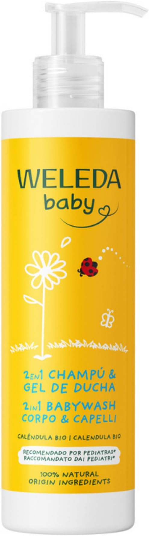 Weleda - Champú y Gel de Ducha Caléndula BIO 2 en 1 para Bebés y Pieles Sensibles, con Aceite de Almendra y Sésamo, Natural, Vegano y Suave con los Ojos - 400 ml | Limpiador 2 en 1, sin desgarros, aceites de almendras dulces y sésamo, adecuado para tapa de cuna, embalaje 96% reciclado