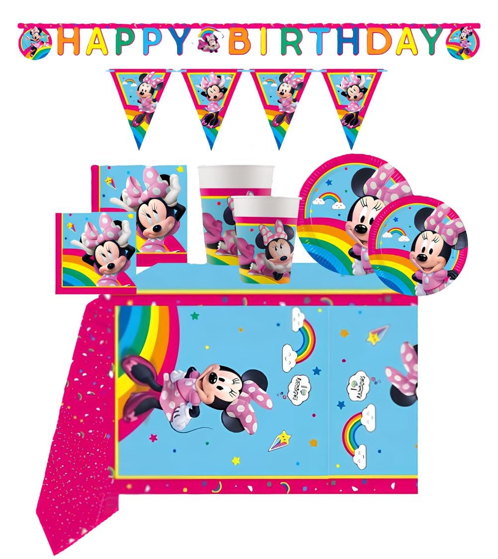 Set Festa Compleanno Minnie Mouse - Kit Addobbi con Festoni, Piatti, Bicchieri, Tovaglioli e Tovaglia - Decorazioni Tavola per Feste Bambina a Tema Minnie