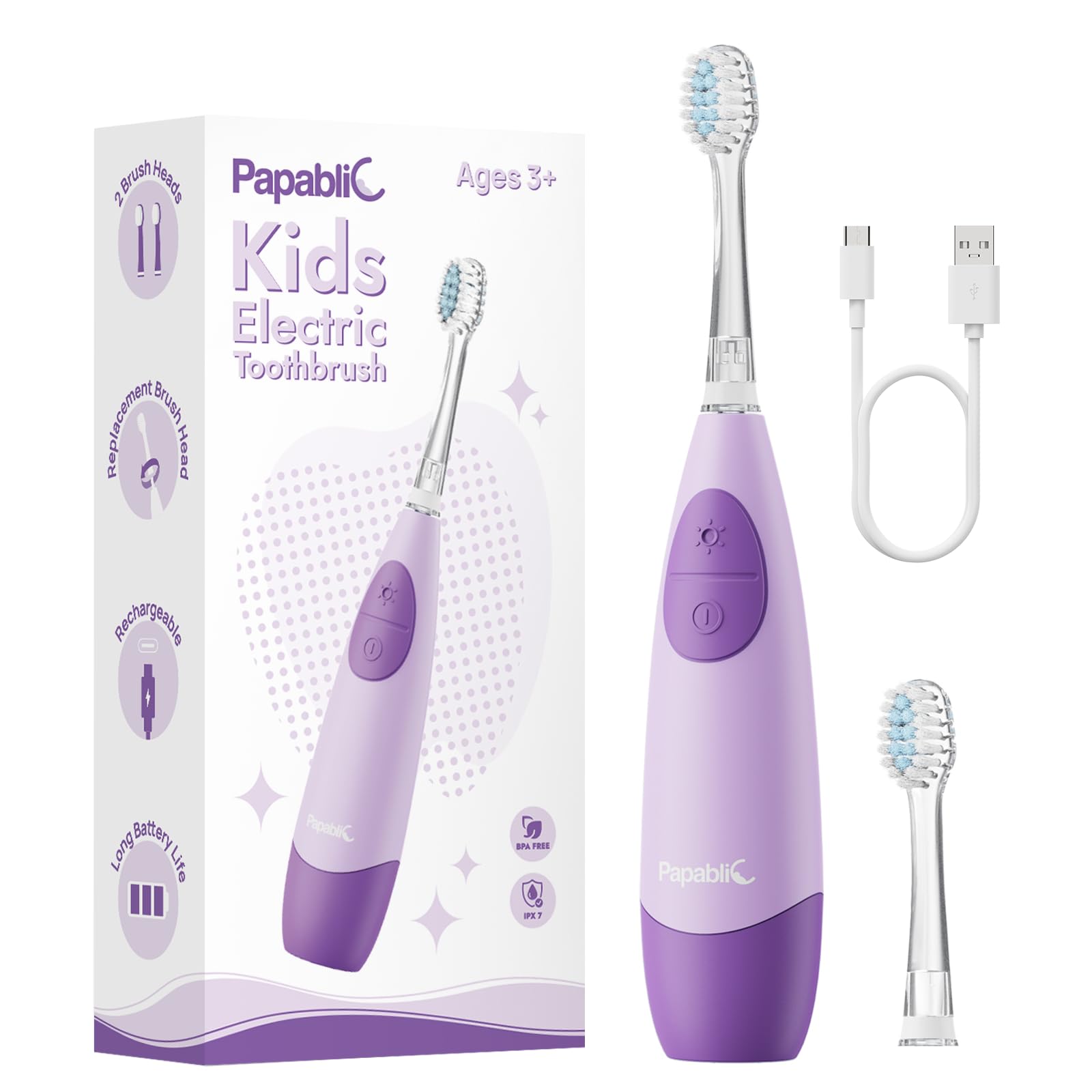 Papablic Spazzolino elettrico per bambini dai 4 anni in su, per bambine e ragazzi, ricaricabile tramite USB, con timer intelligente, luce LED e 2 testine di ricambio, viola