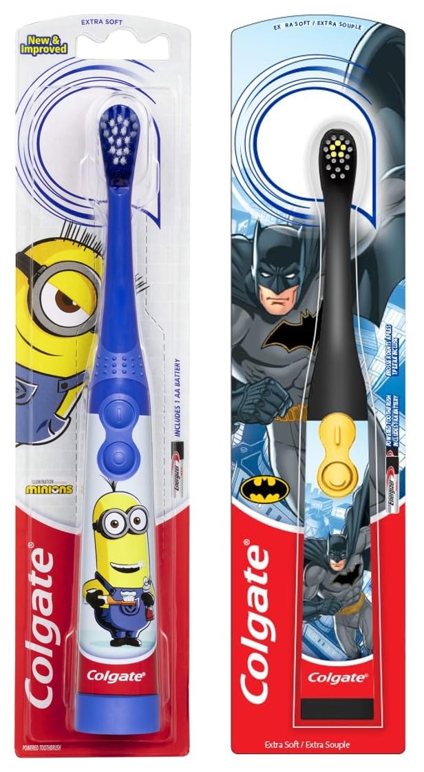 Colgate Kids Minions & Batman Battery Powered Electric Toothbrush, 2 Count, Yellow and Black