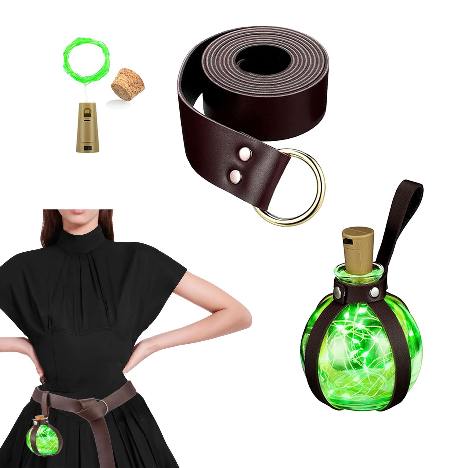 Dark Magic Cork Potion Bottles Round Spherical Cork Glass Bottle with Belt LED Light Wizard Potions Glass Holder Medieval Knight Leather Belt Halloween Bottle for Wine Halloween Costume Cosplay