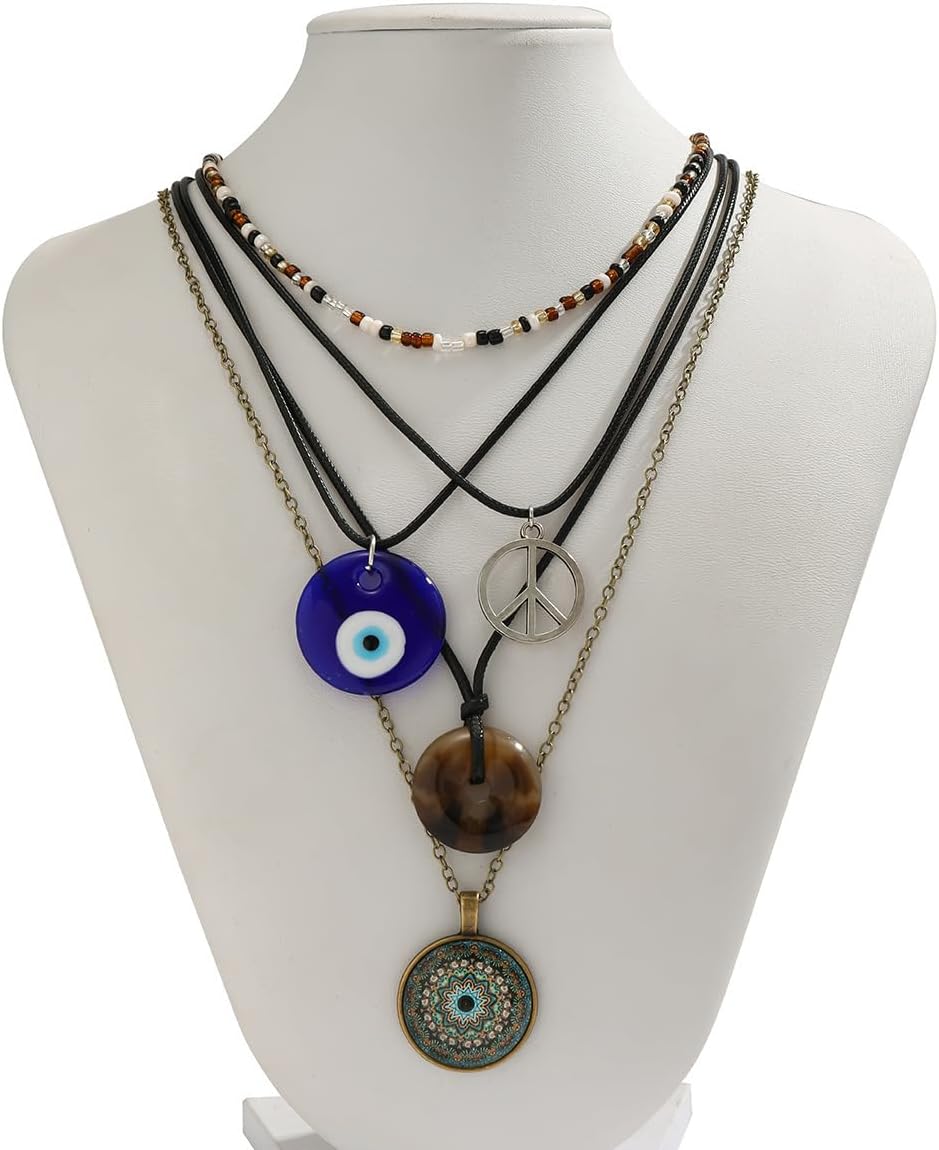 Layered Evil Eye Necklace for Women, Boho Bead Vintage Long Necklaces Green Compass Pendant Fashion Jewelry - Image 4