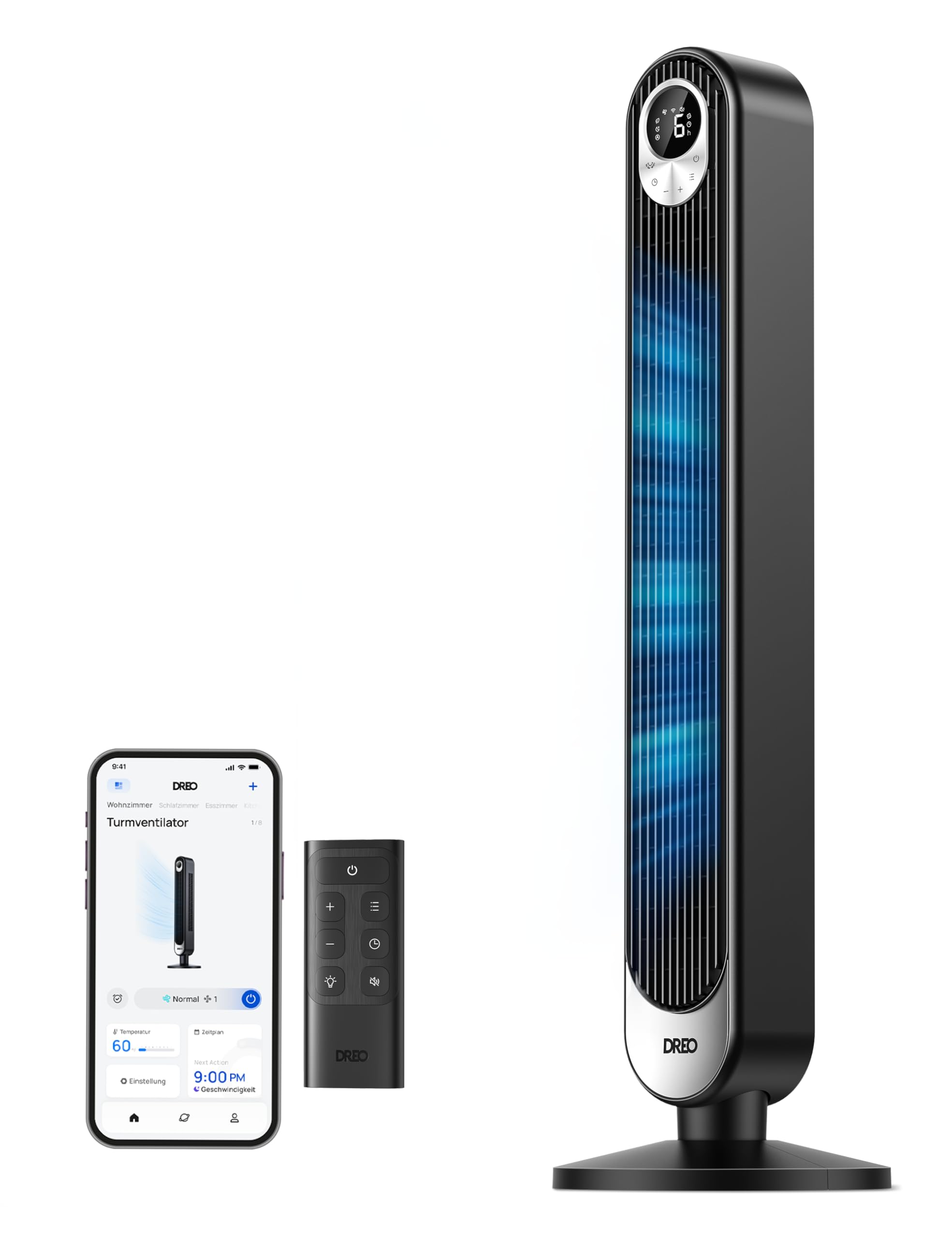 Dreo Ventilador de Torre con WiFi Alexa, Ventilador Silencioso de Pie Para Dormir con Mando a Distancia, 8,​53 m/​s de Velocidad, Oscilante de 90° con 9 Velocidades, 4 Modos, Temporizador de 12 Horas