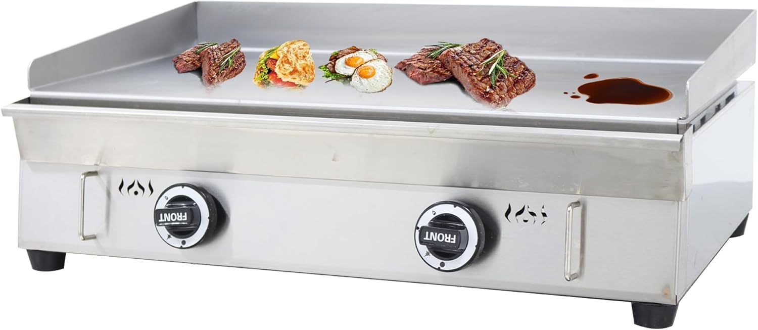 Countertop Gas Griddle LPG Gas Griddle Outdoor Flat Cooking Grill Griddle 2000Pa Stainless Steel BBQ Plate Grill 50-300℃ Temperature Controllable Camping Natural Gas Griddle with 2 Burners