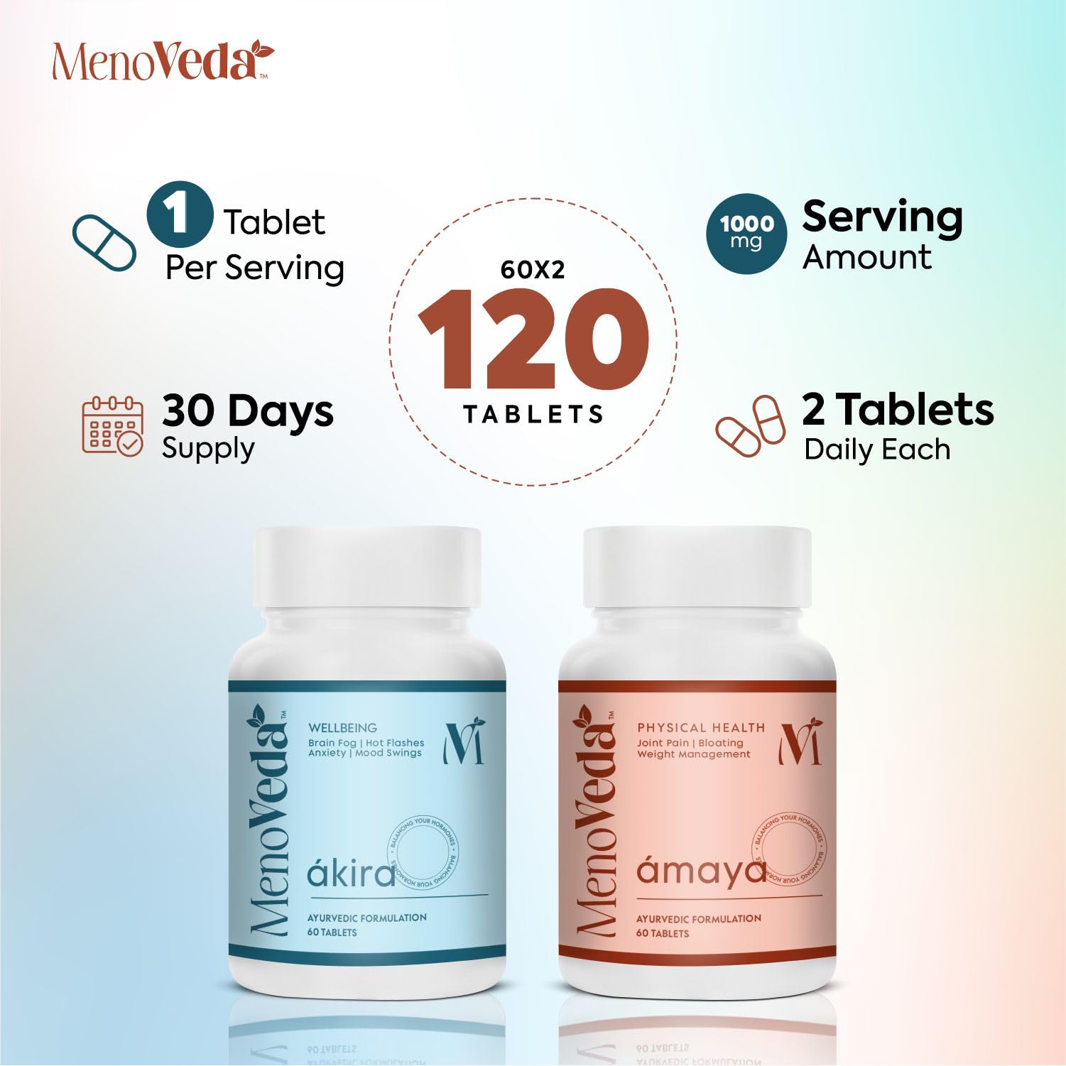 Menoveda Akira Amaya Combo For Emotional Wellbeing and Physical Health | Perimenopause & Menopause Supplements For Women | Balances Hormone Naturally | Helps Managing Hot Flashes Weight Gain, Sleep Issues | 1 Month Supply - 120 Tablets 1