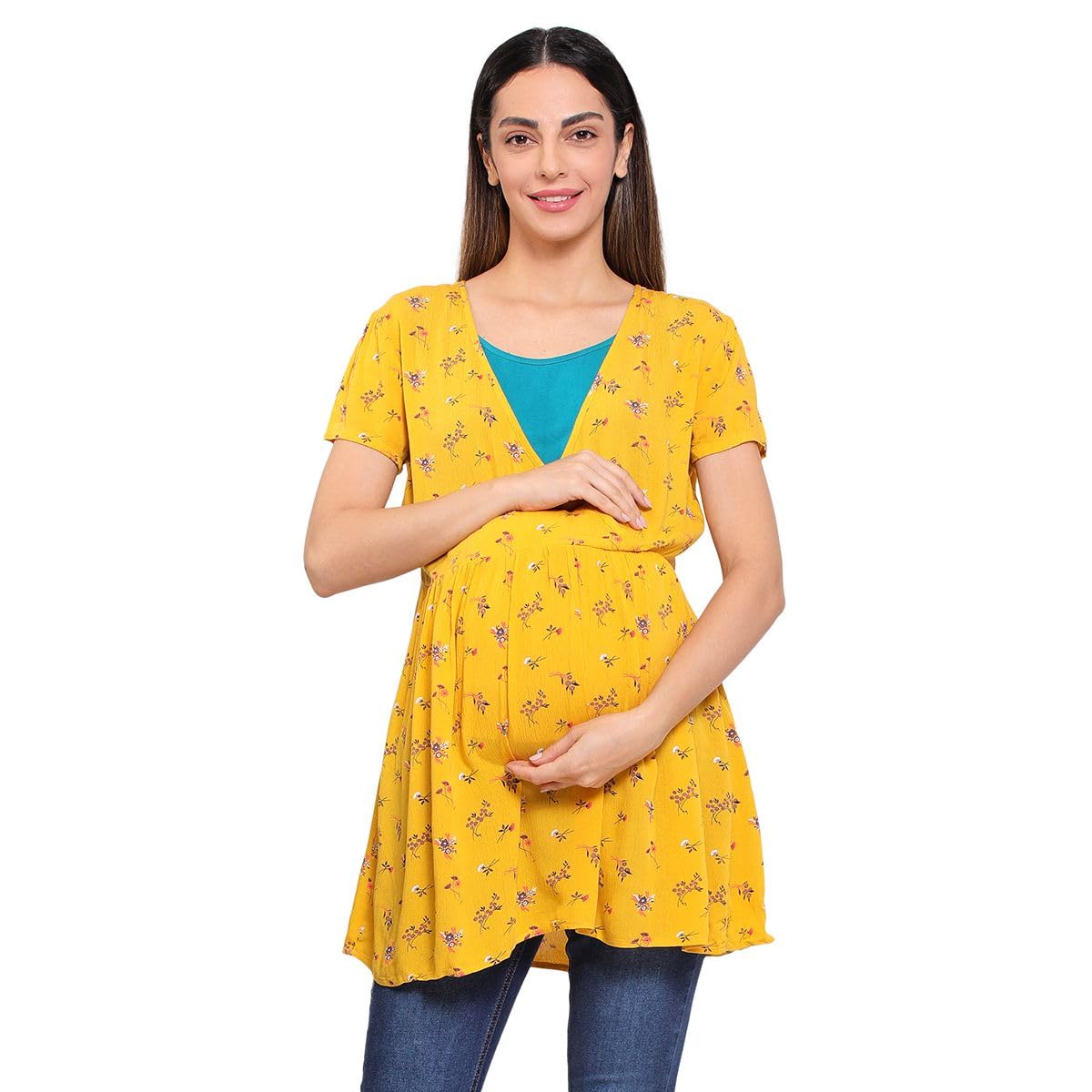 miniklub Mini Klub Floral Printed V-Neck Gathered Detail Woven Longline Maternity Top-picture-13