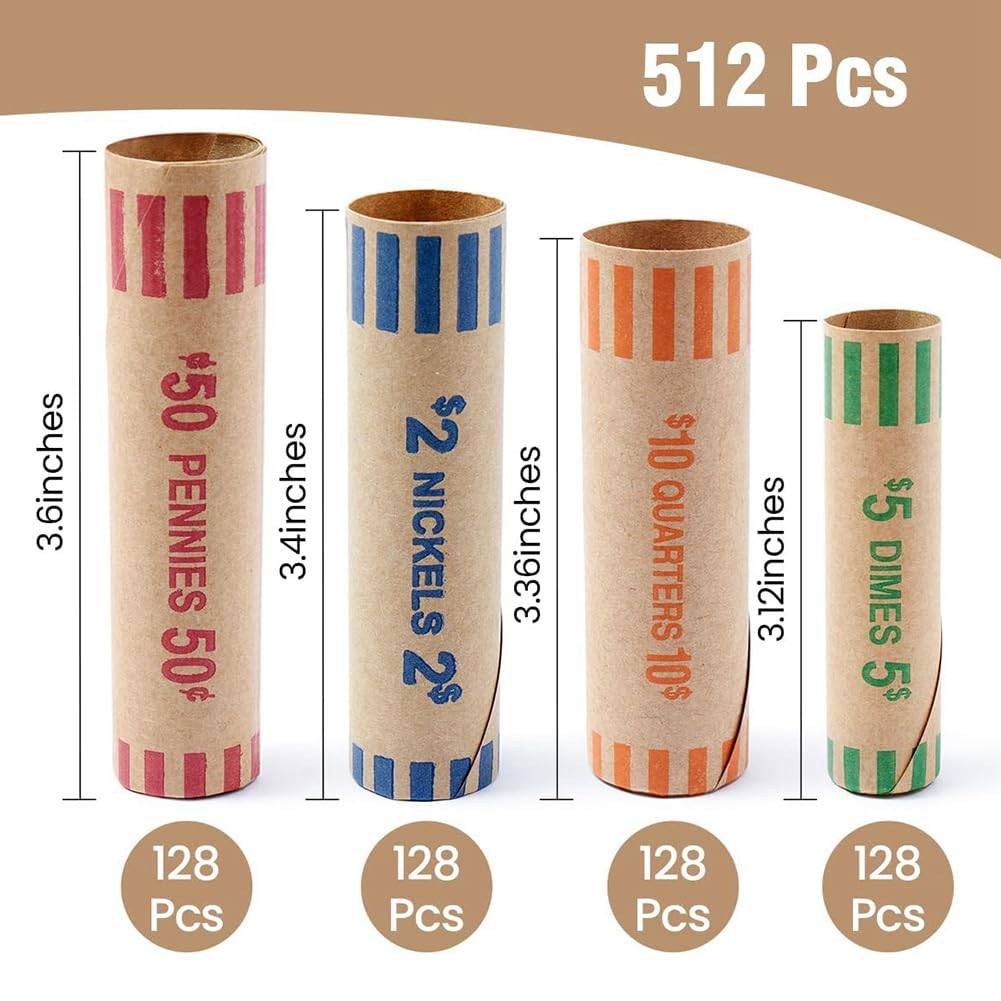 Hochleistungsvorformte Münzverpackungen, 512 Stcs Rolls-Papier-Münzen-Röhrchen-Bank Fits Quartier, Pennies, Nickel, Groschen
