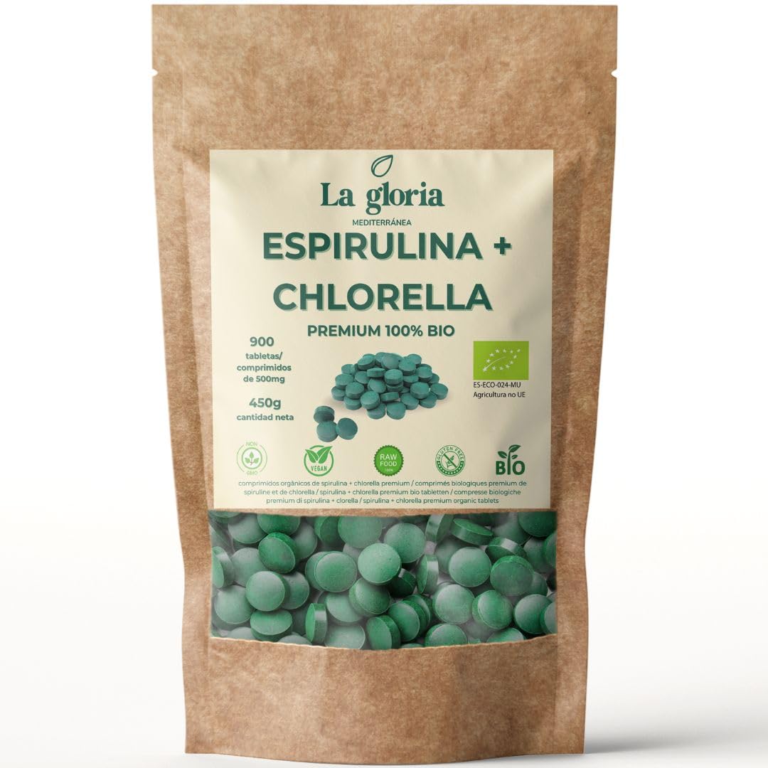 Espirulina y Chlorella Bio 900 Comprimidos | 225 días | Microalgas Ecológicas Detox, Proteína Vegetal Natural, Suplemento Vegano Energizante – La Gloria Mediterránea