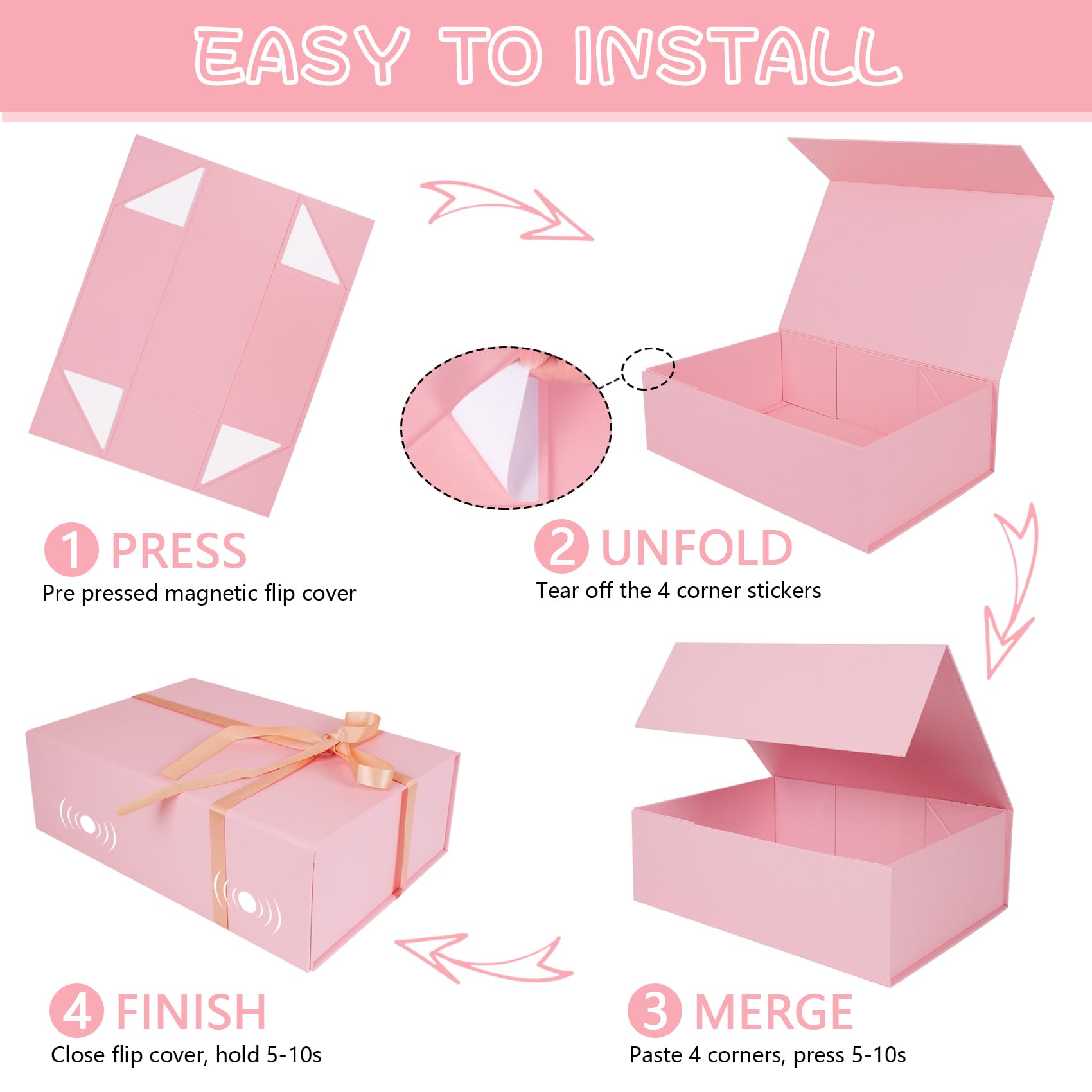 Geschenk-Box, 35,1 x 22,9 x 10,9 cm, Magnetverschluss, Geschenk-Box, Luxus-Geschenkbox mit Band für Jahrestag, Hochzeit, Geburtstag, Abschlussfeier, Festivals (Rosa, 3 Stück)