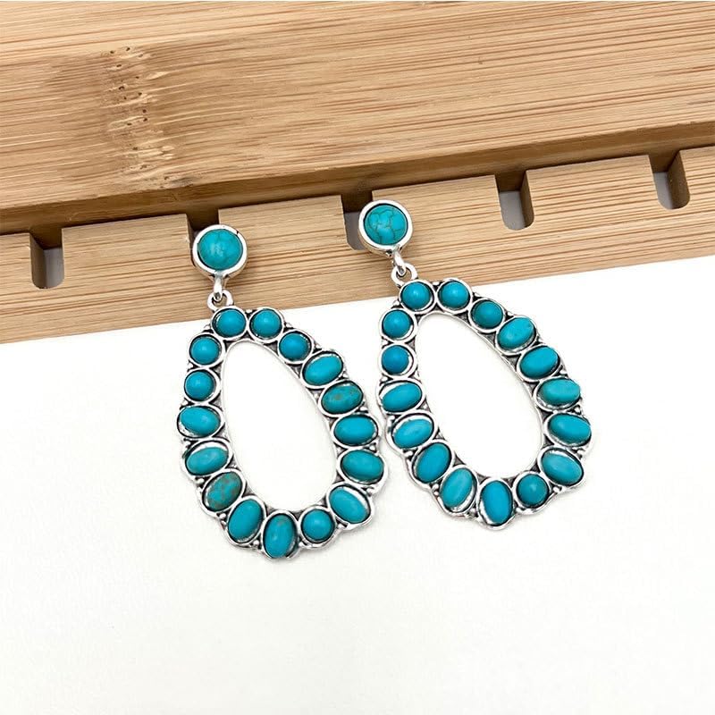 Western Turquoise Earrings for Women Vintage Oval Boho Turquoise Earrings Flower Teardrop Statement Earring Country Concert Outfits Boho Jewelry Bohemian Cowboy Cowgirl Accessorie - Image 5