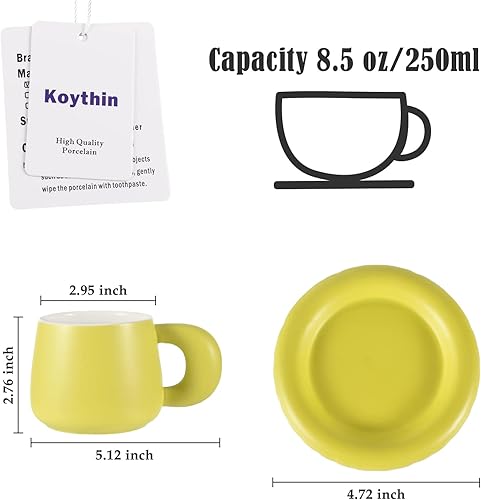 Miniatura 2 de Koythin Taza de café de cerámica con platillo, bonita taza creativa para el vientre con diseño de mango grueso para la oficina y el hogar, 8.5 oz8.5