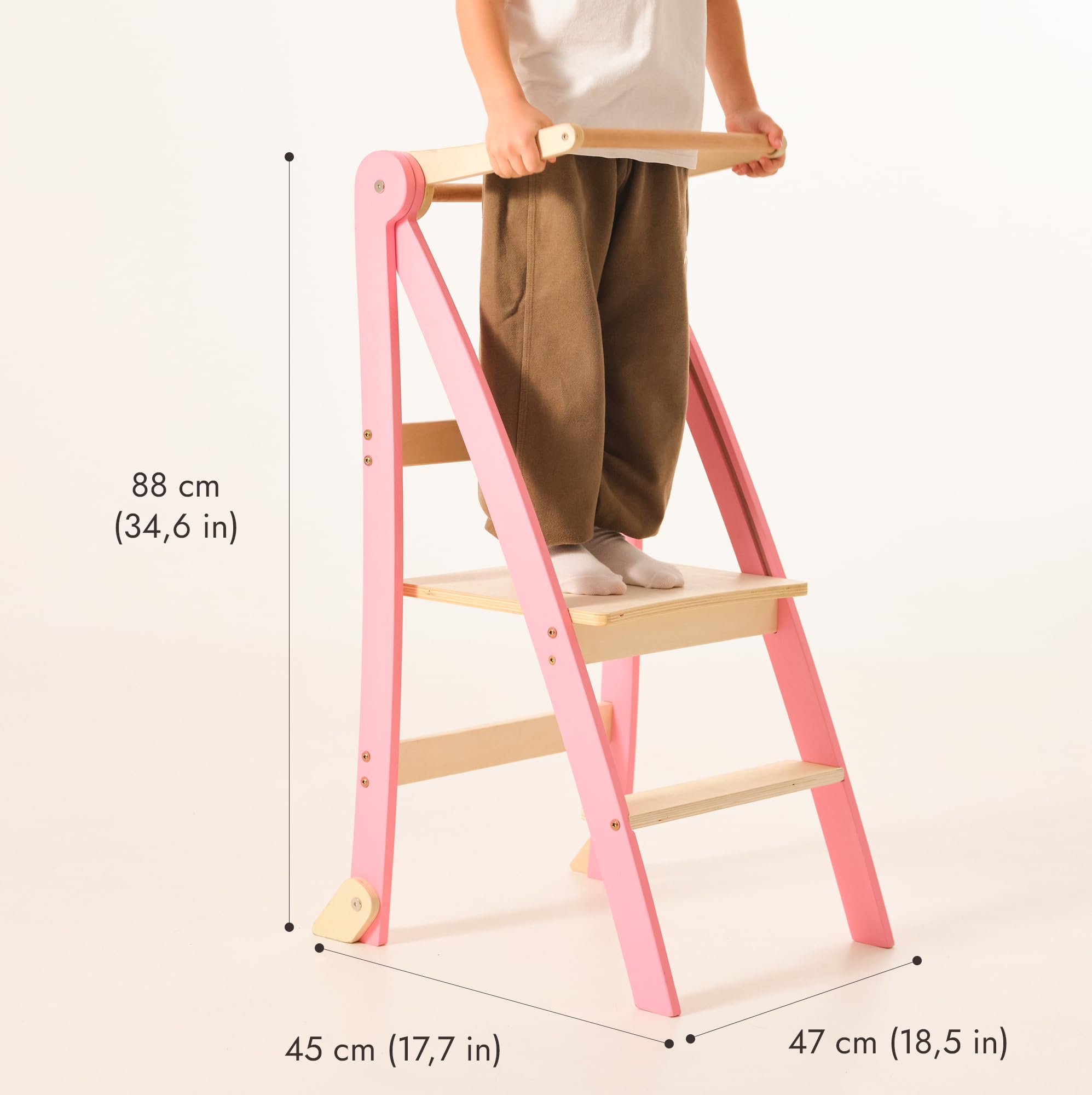 Goodevas Torre di apprendimento in legno Montessori salvaspazio : scala pieghevole in pelle, sgabello per bambini, scala pieghevole per bambini, scala di apprendimento con protezione antiribaltamento