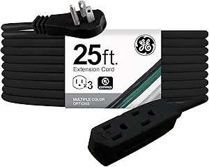 GE 3-Outlet Flat Extension Cord 25 Ft Grounded Extension Cord with Multiple Outlets 3 Prong Outlet Extender Flat Plug Power Strip Indoor Extension Cord 16 Gauge UL Listed Black 69921