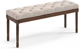 LUE BONA 44" Bedroom Bench, Vintage French Tufted End of Bed Bench, Upholstered Fabric Ottoman Bench with Carved Dark Brown Legs for Bedroom,Dining Bench Piano Stool for Living Room,Foyer, Linen