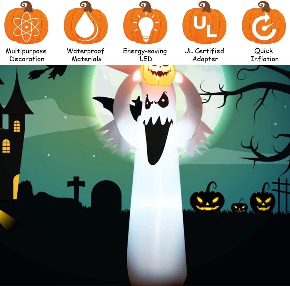 Tangkula 6 FT Halloween Inflatable Ghost with Pumpkin, Blow Up Ghost with Blower and LED Lights, Halloween Decorations Air Blown Ghost for Home Yard Lawn