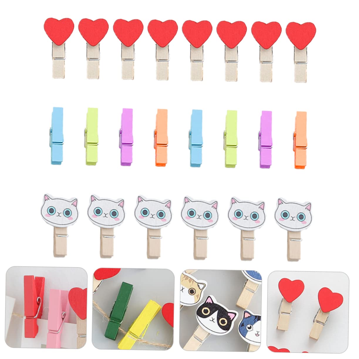Ciieeo 40Pcs Mini Clips for Photos Decorative Heart and Cat Design Clothespins for Home Wall Decorations Easy to Use Bedroom Living Room and Party Settings