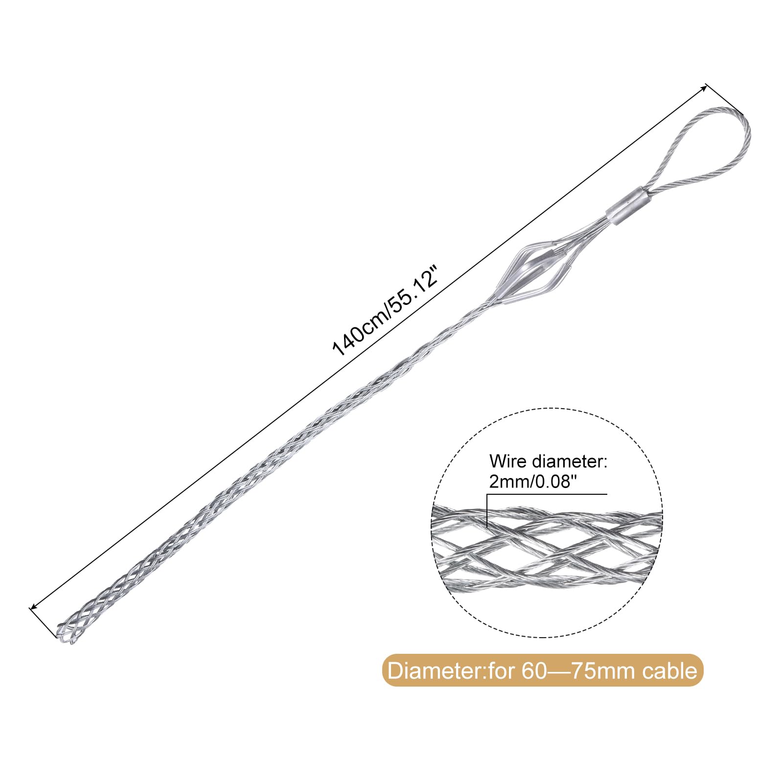 QUARKZMAN Fascetta di Trazione per Cavi 60-75mm, Tiracavi in Rete Metallico 140cm, Grip Singolo in Acciaio Zincato, Copertura Rete Liscia, 1 Pezzo (Argento)