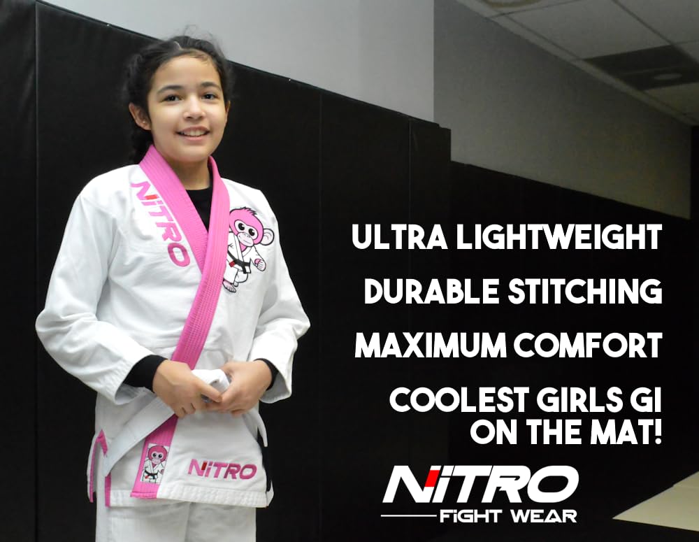Premium BJJ Gi Mädchen – kostenloser weißer Gürtel – rosa Revers – leicht – Affe – brasilianische Jiu Jitsu-Mädchen-Uniform