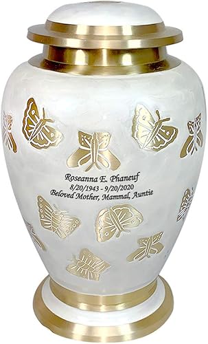 Miniatura 5 de Urna de cremación de mariposa con personalización, blanco perla y oro, urna de cremación humana para adultos con recuerdo a juego y bolsas de