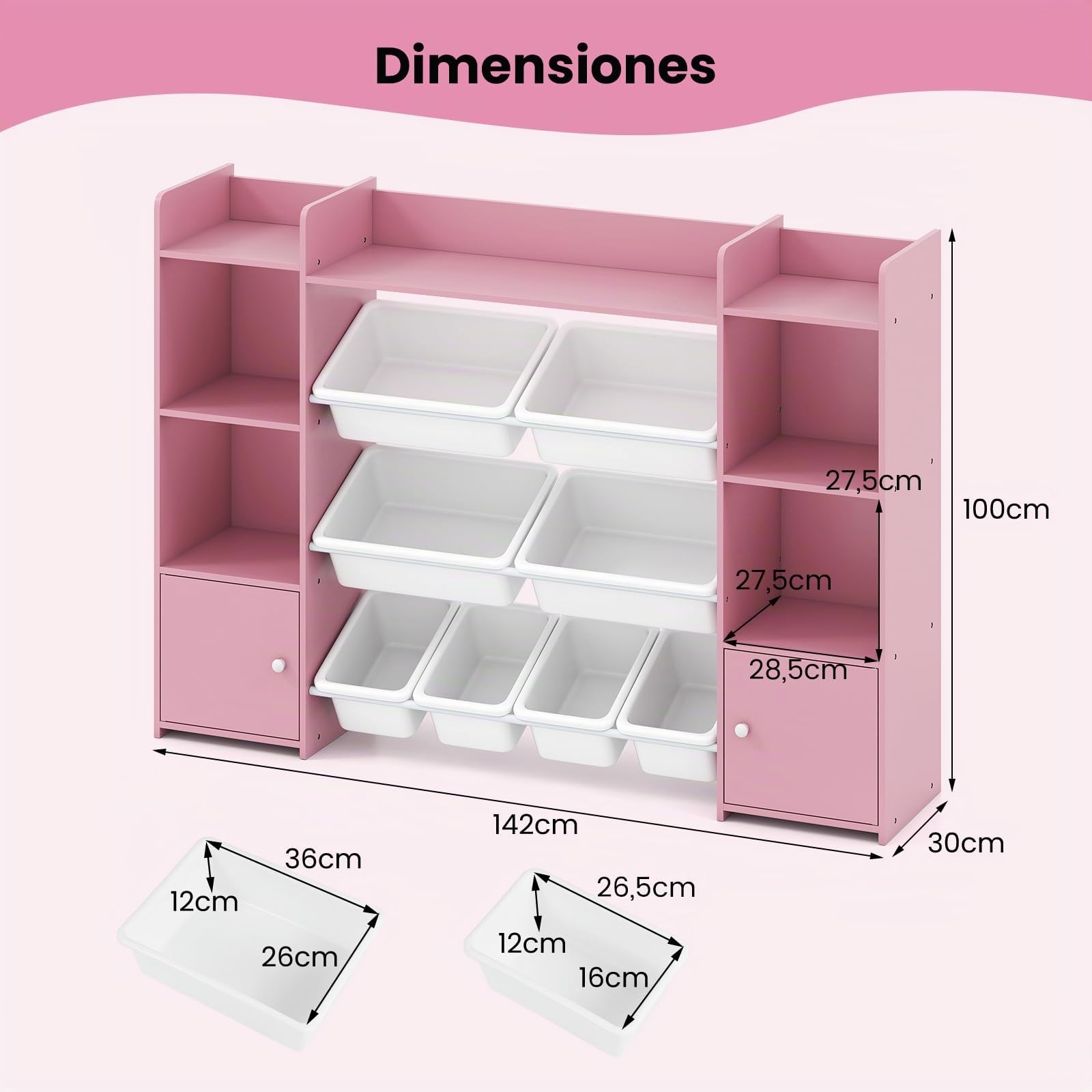 GOPLUS Mueble Almacenaje Juguetes, Estantería Infantil de 4 Niveles con 6 Compartimentos y 8 Cajas Extraíbles, Organizador Juguetes para Salón, Dormitorio 142 x 30 x 100 cm(Blanco) (Rosa)