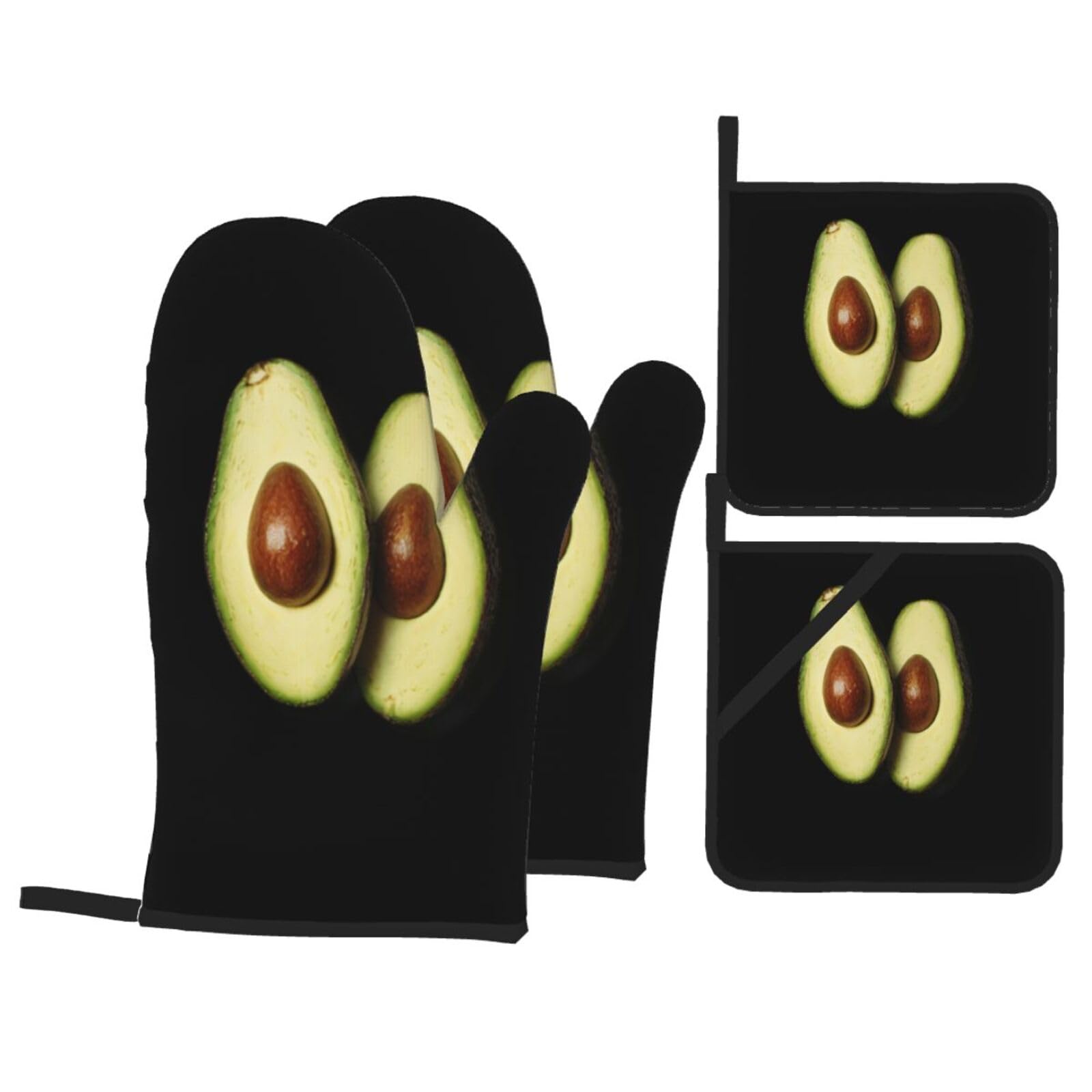 YYHWHJDE Sweet Avocado Printed Kitchen Baking Set of 4 Thick Insulated Oven Mitt & Pot Holders, Anti-Scalding for Microwave, Oven, Outdoor BBQ