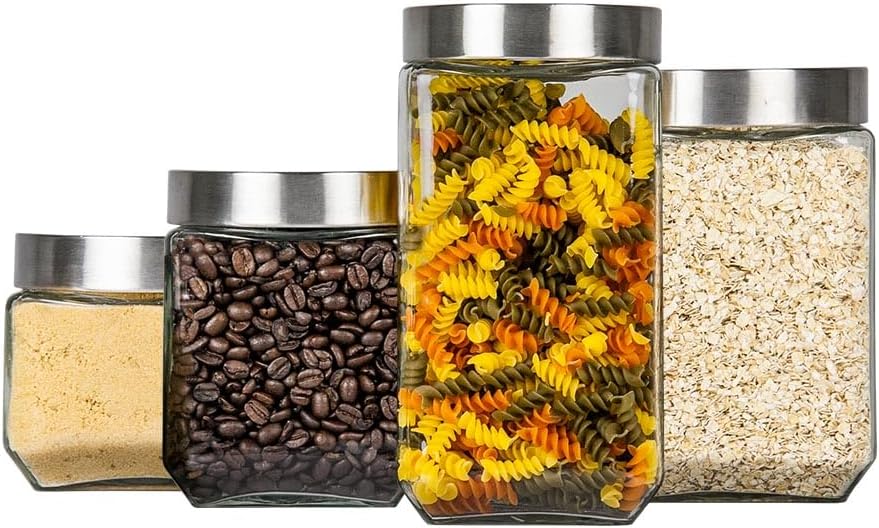 Clear Glass Square Canister Set with Stainless Steel Lids, 4-Piece