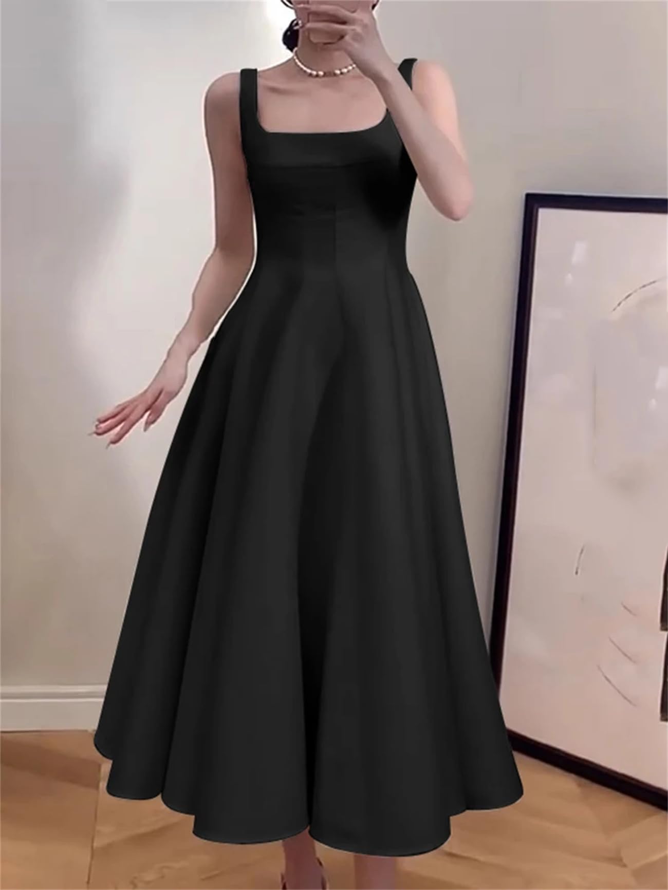 Abito da donna senza maniche vintage tinta unita A-Line abiti estivi con vita abito casual con colletto quadrato abito midi