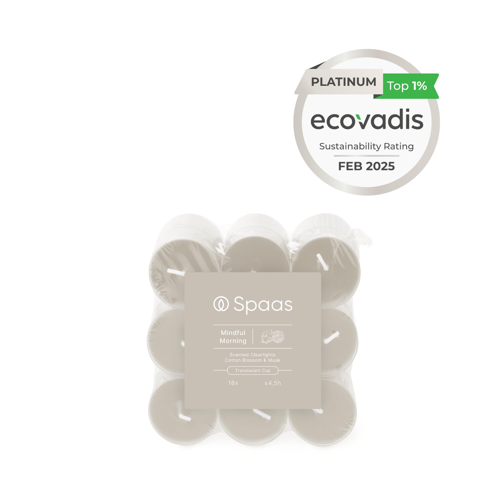 Spaas Velas de té perfumadas, recipiente transparente, 4,5 h, paquete de 18 unidades, aroma Mindful Morning